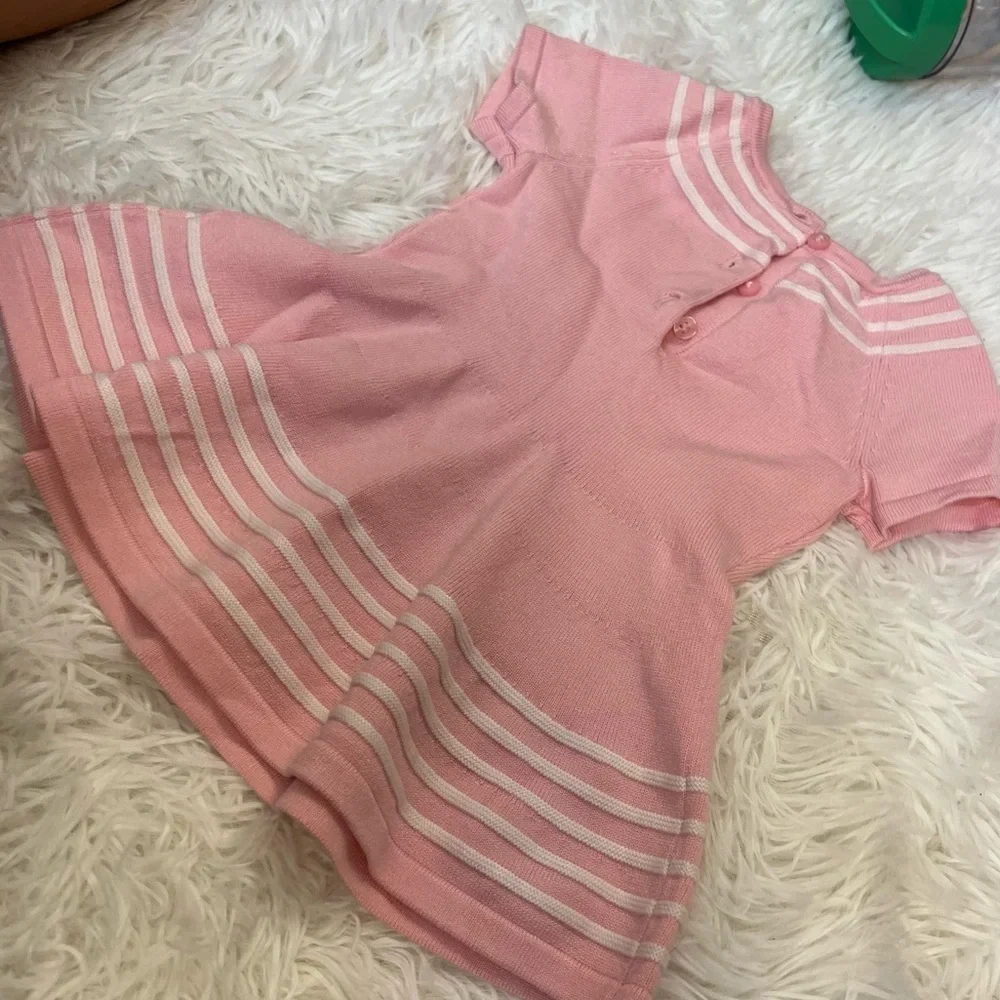 Janie and Jack Baby Pink Striped Knit Short Sleeve Fit and Flare Baby Dress - Picture 3 of 6